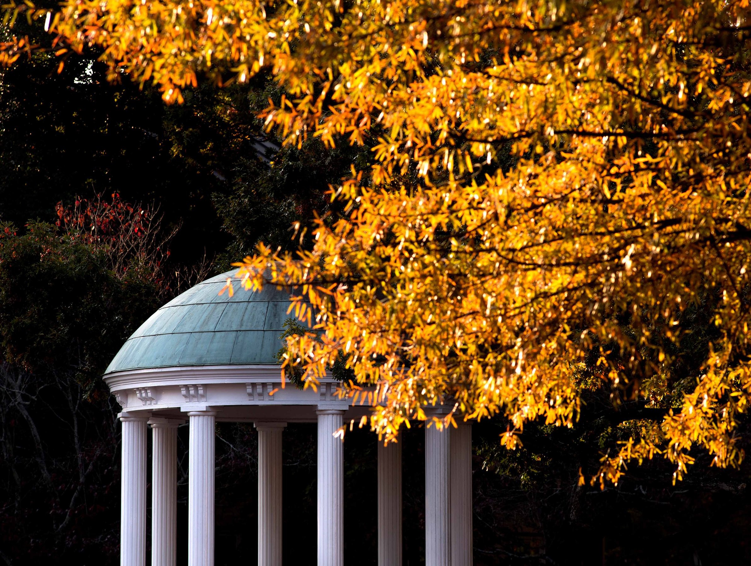Close-up view of the Old Well with fall leaves turning above