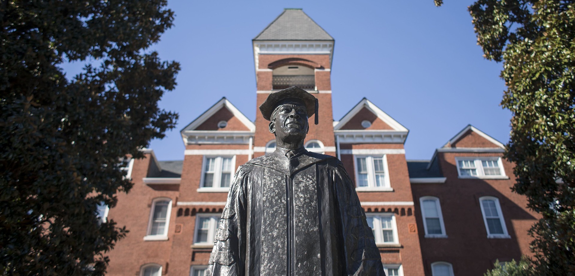 Image of a statue in front of a building at Morehouse College