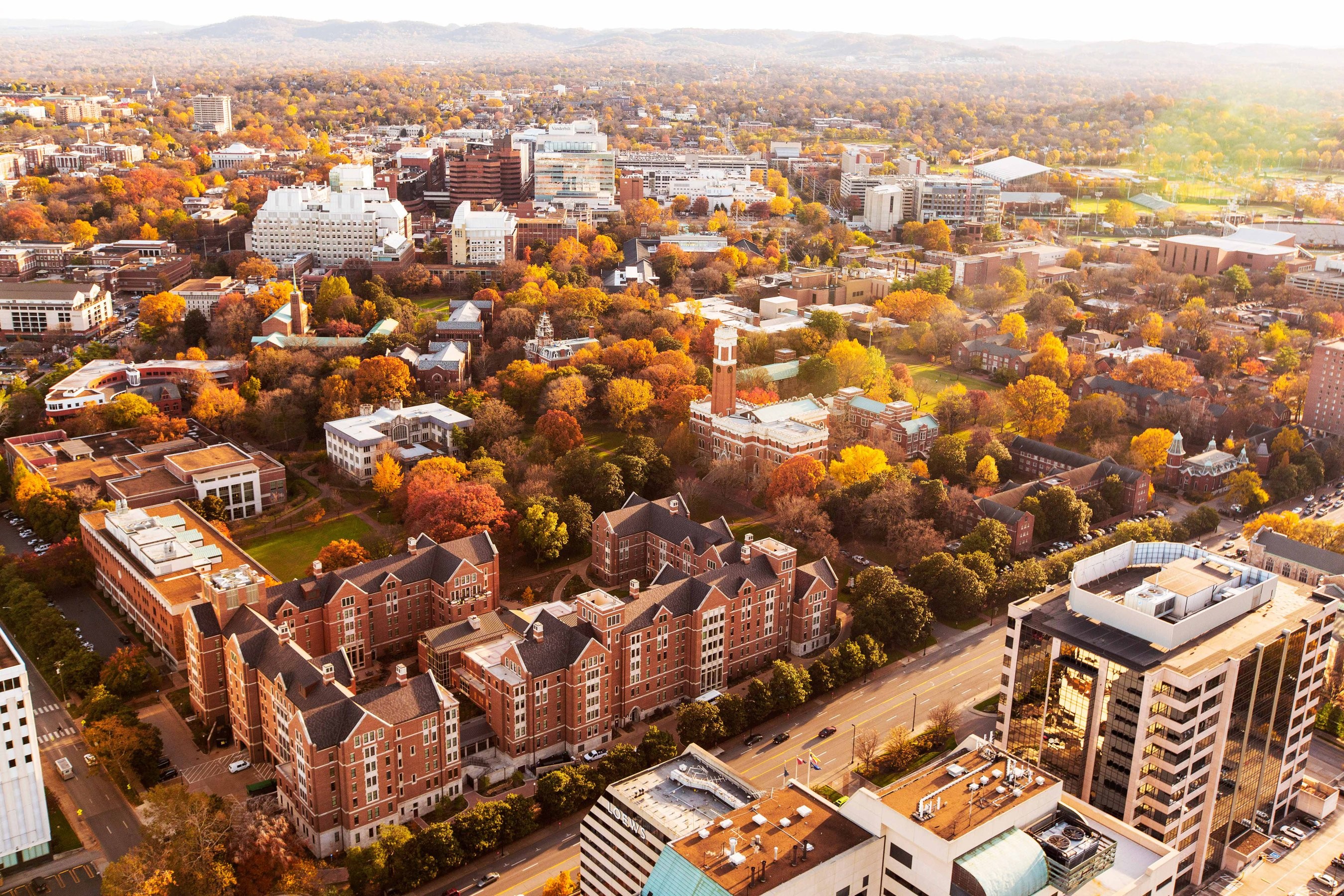 Aerial view of Vanderbilt campus buildings showing leaves turning autumn colors