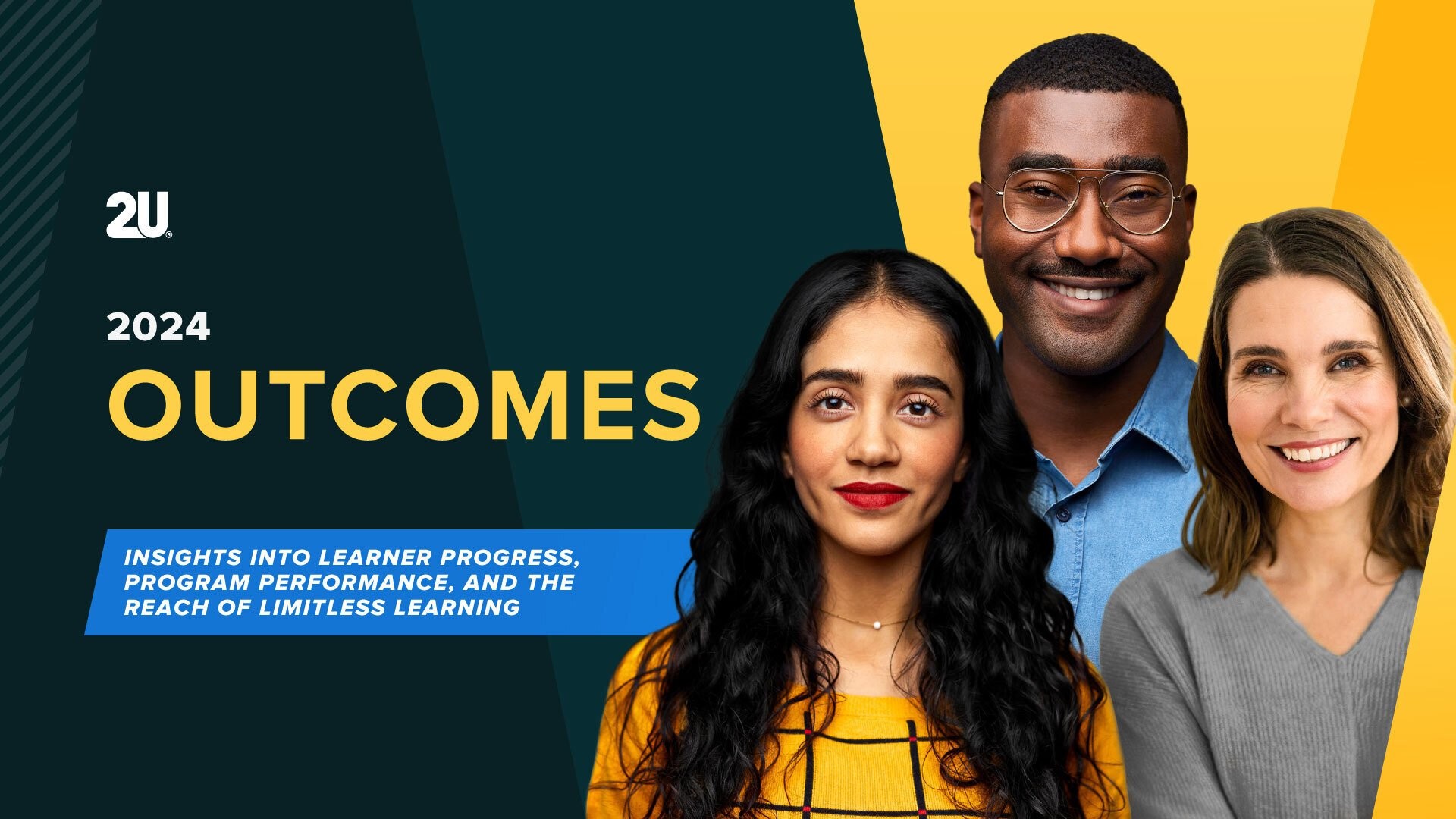 Three people looking forward and slightly smiling next to title of 2024 Outcomes