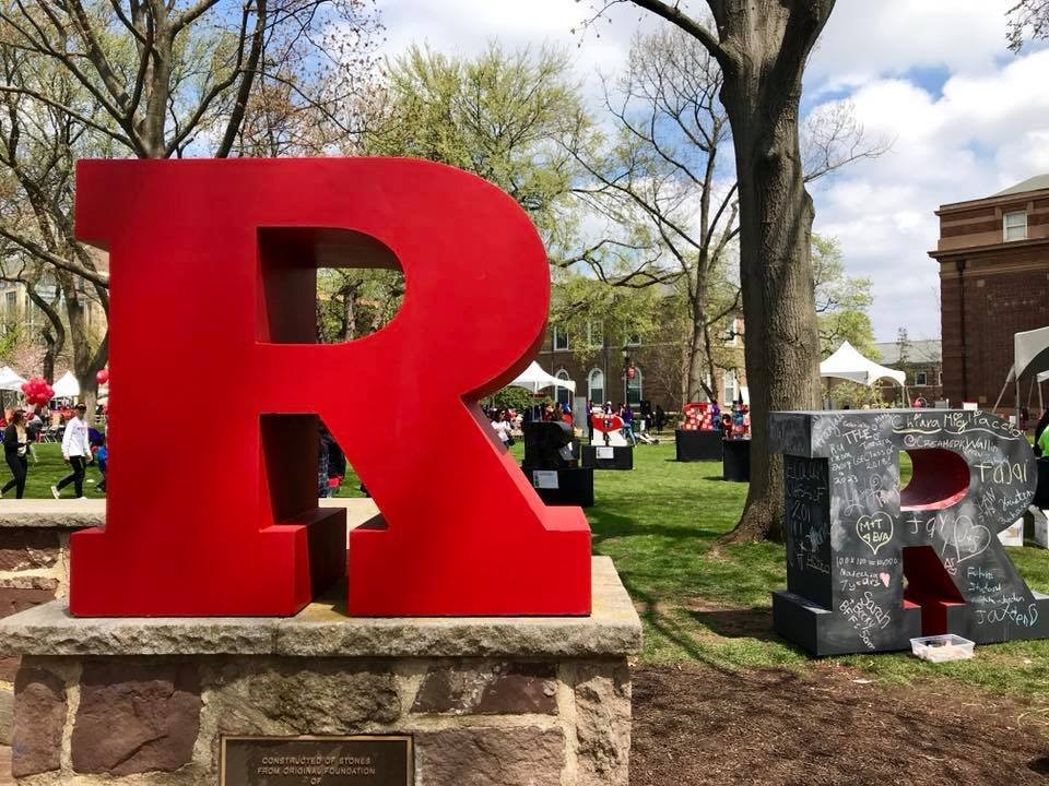 Large red R on the campus quad of Rutgers University