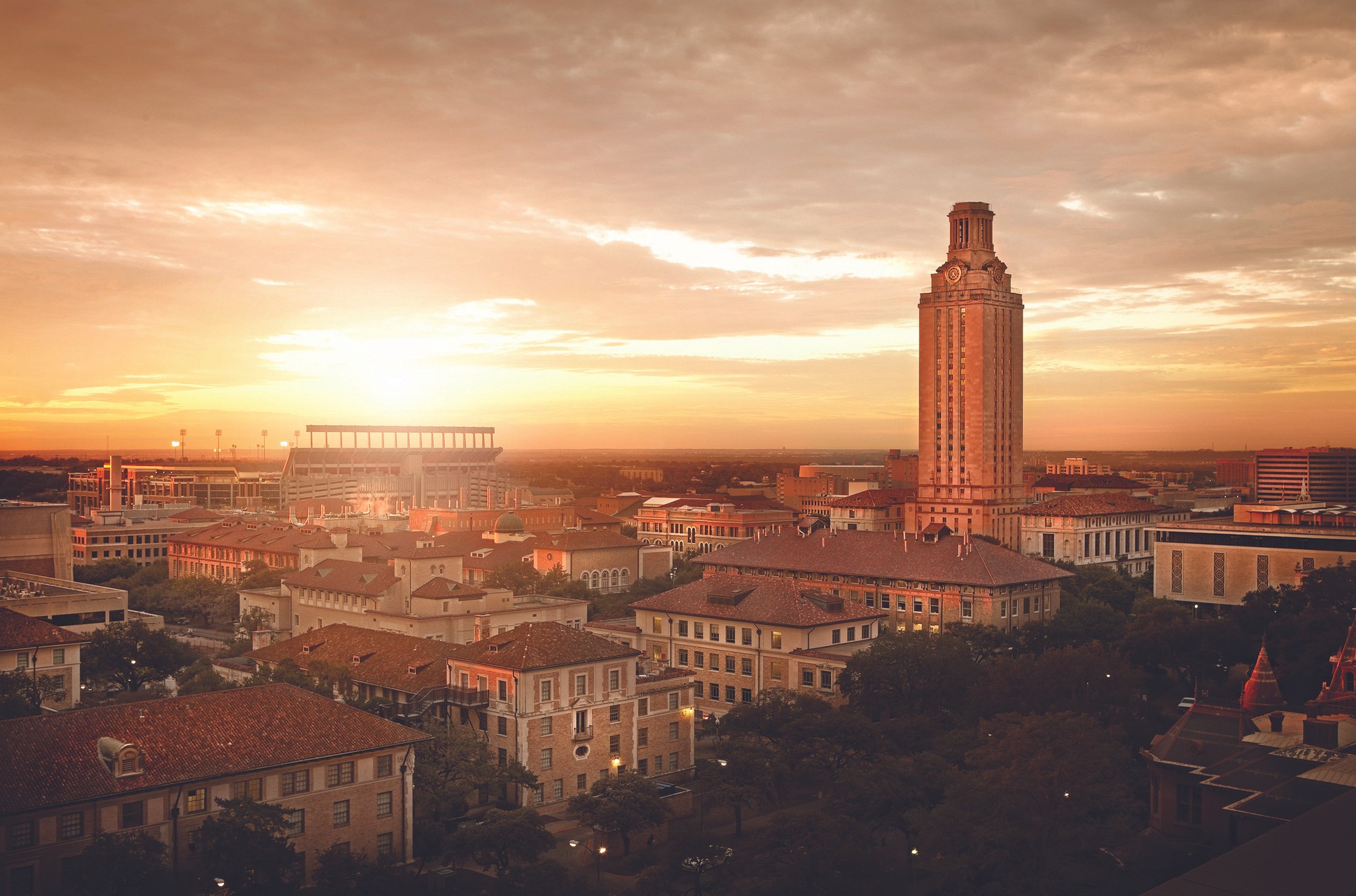 UT Austin campus image at sunset