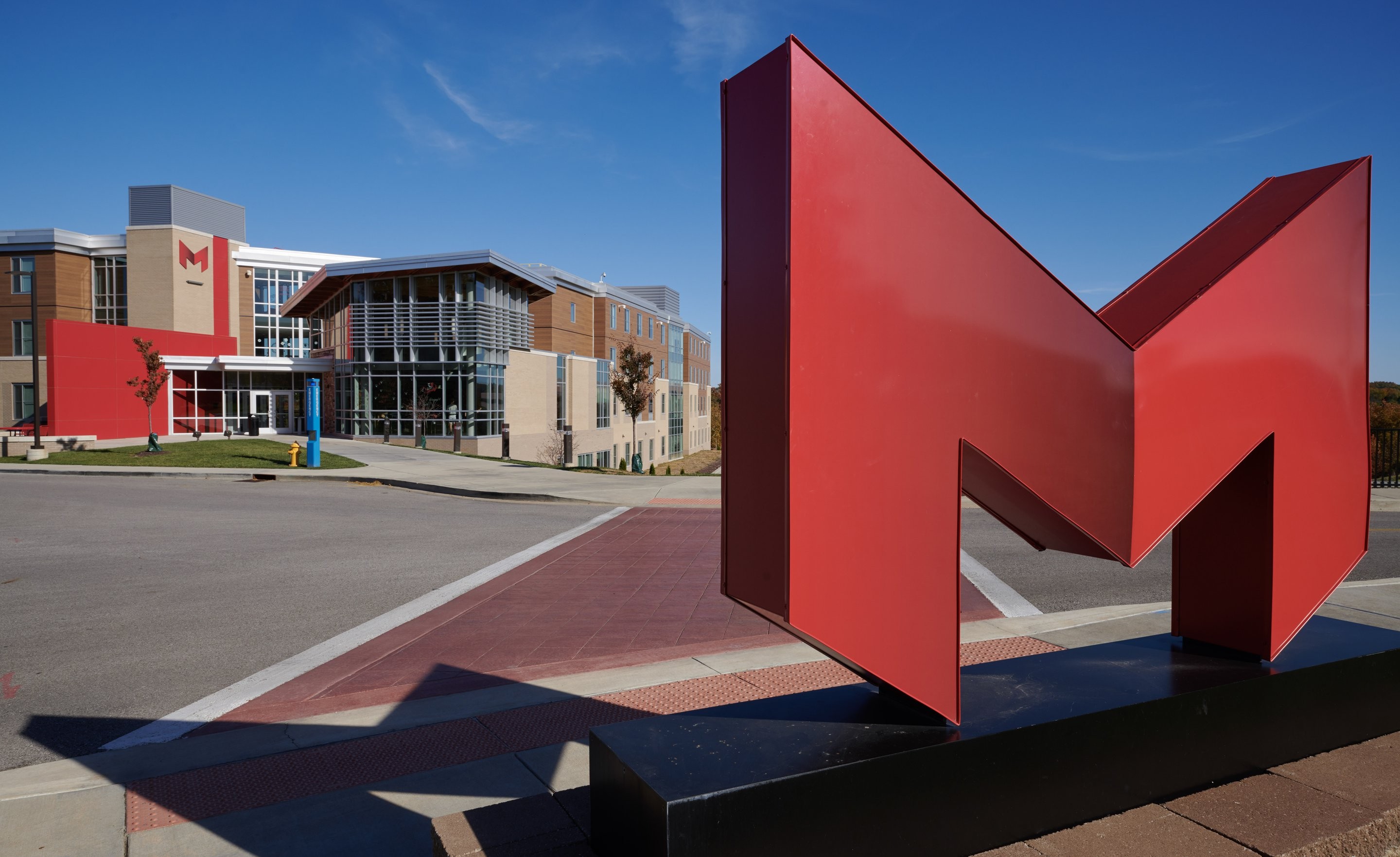 Image of Maryville University's large 'M' logo in front of a campus building