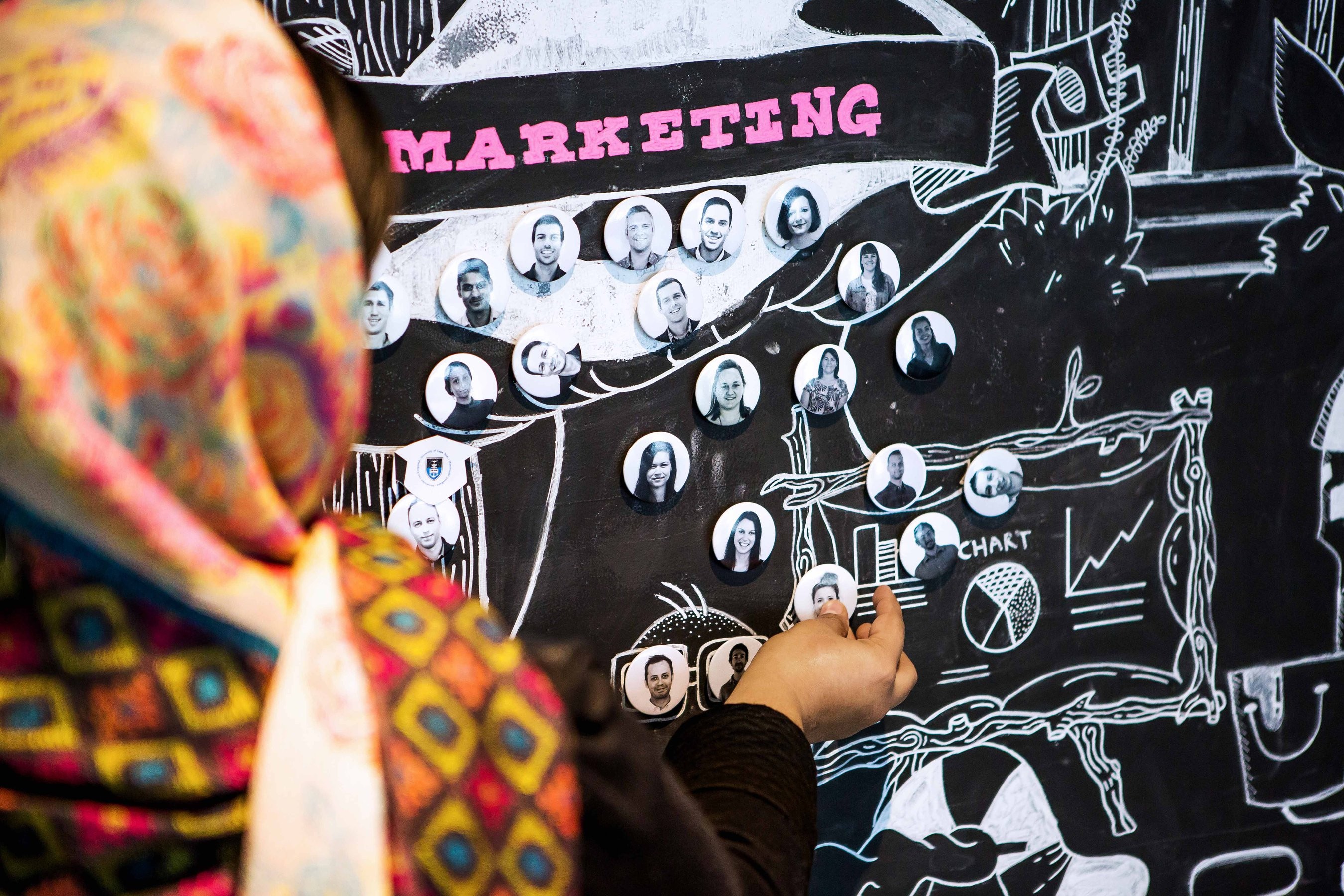 Woman wearing a head scarf adds a pin with a colleague's face on it to a mural with other pins on it titled "Marketing"